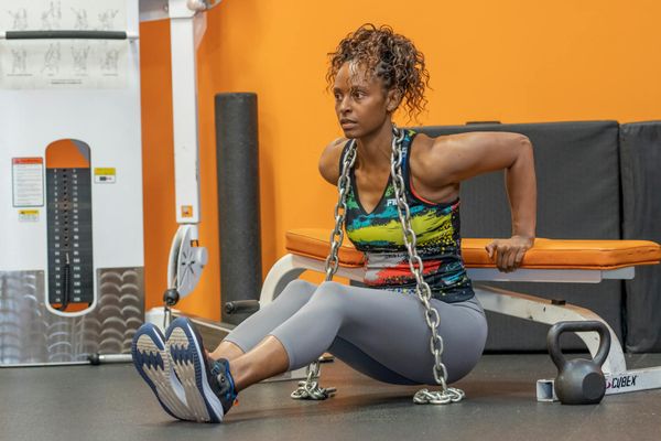 A person in a calm, focused state during a workout session.